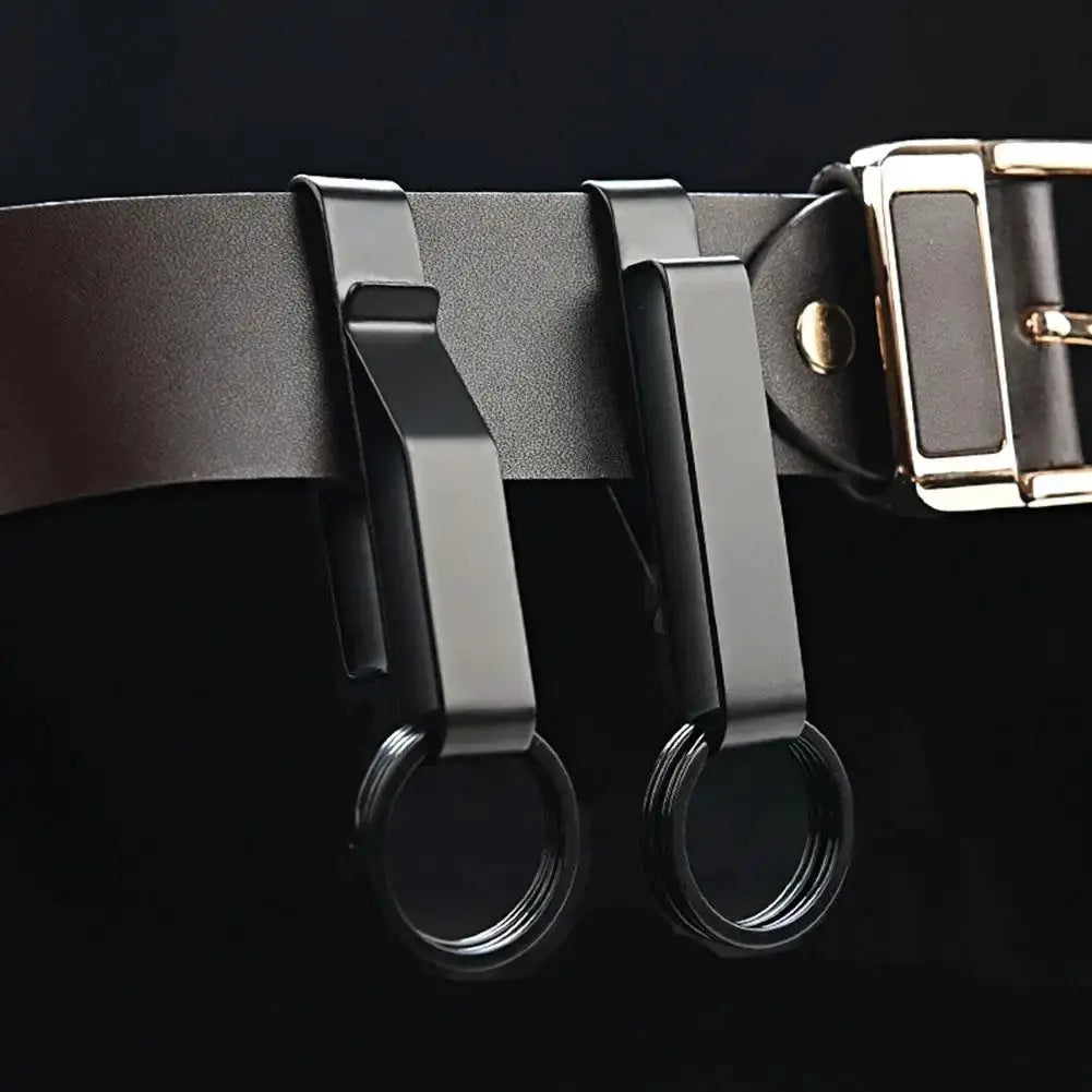 Stainless steel waist-hook key clips (2) with rings on a brown belt with a gold buckle