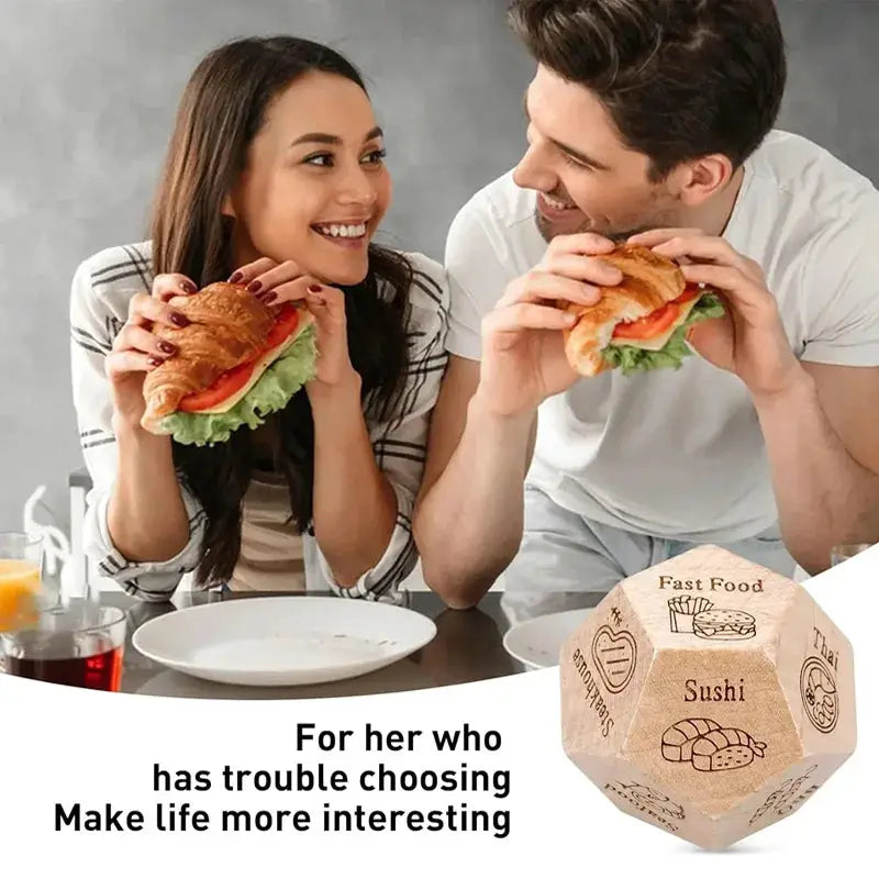Food decision dice for couples; wooden cube with sushi and fast-food icons, by Simples Market