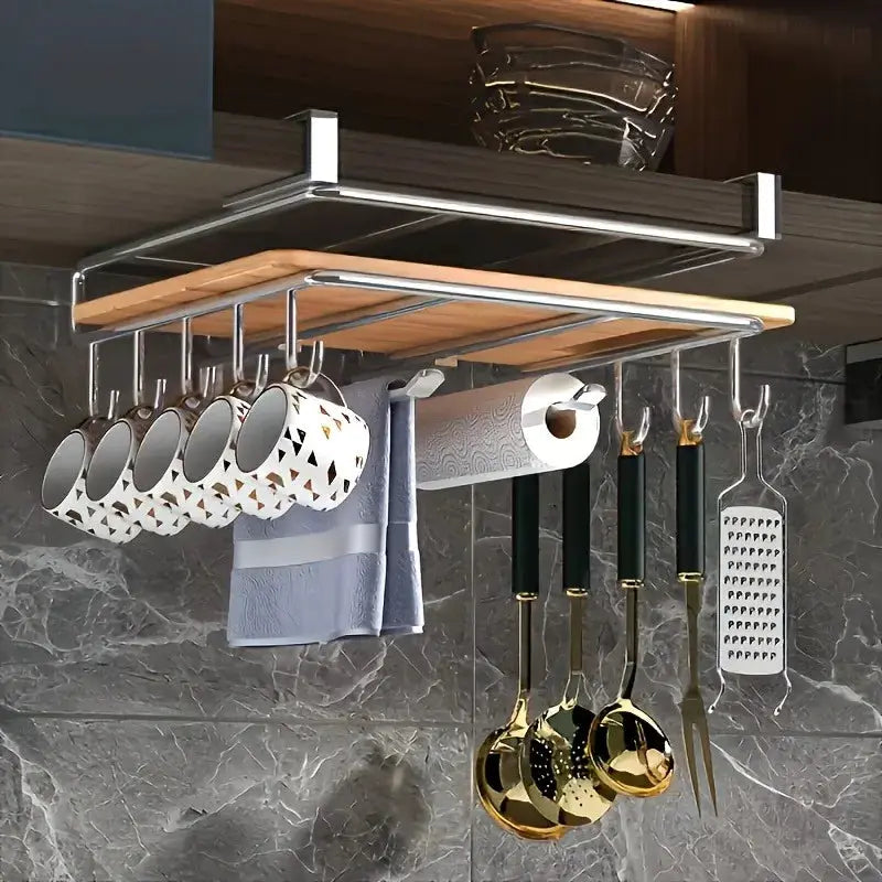 Stainless steel hanging kitchen storage rack with hooks, paper towel holder and utensil rail