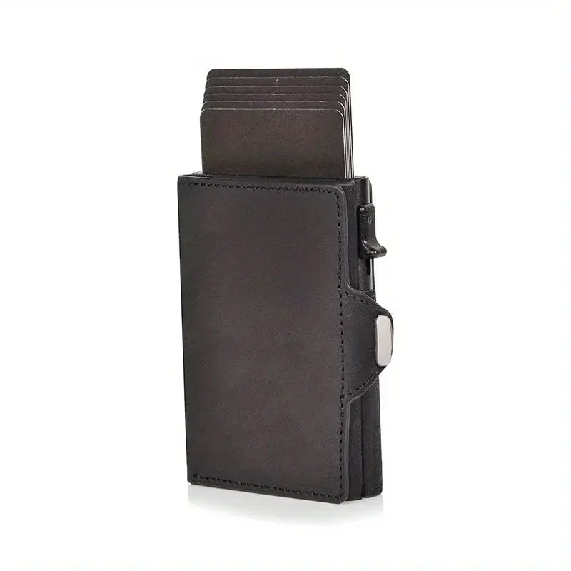 Pop-up credit card case in black genuine leather with RFID protection and card slots.