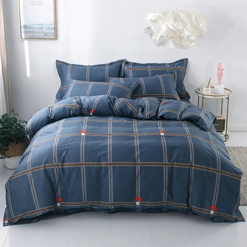 Blue striped duvet cover set with tan grid lines and red accents; 3-piece cotton bedding with 2 pillowcases