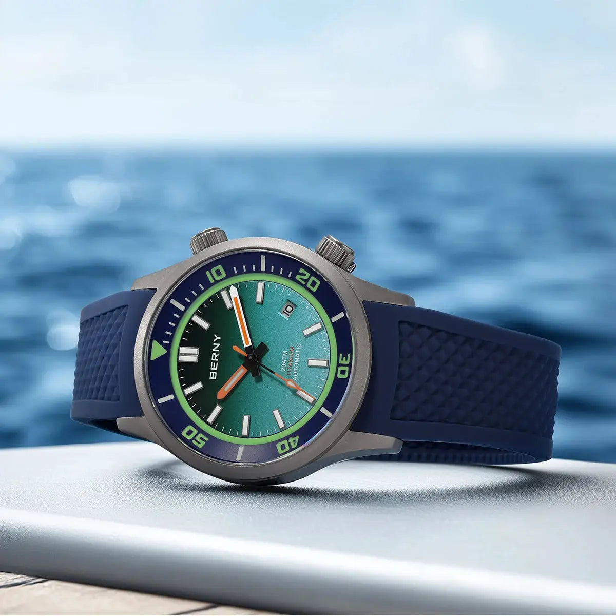 BERNY titanium automatic diver watch for men with blue silicone strap and teal dial