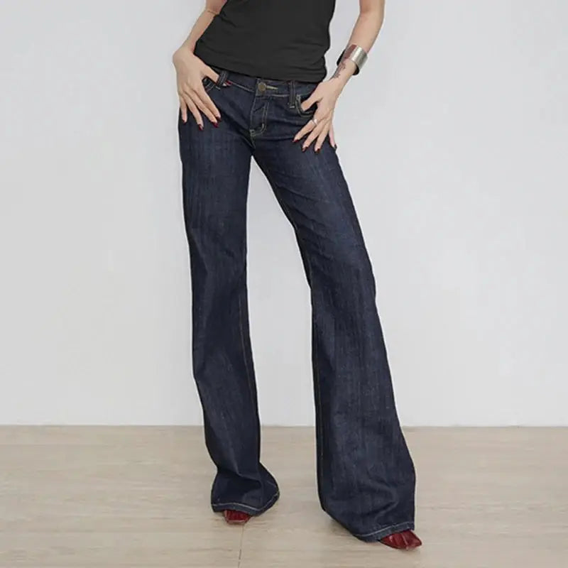 Women's Slim Fit Flared Jeans Y2K Low Rise Denim Embroidery Distressed