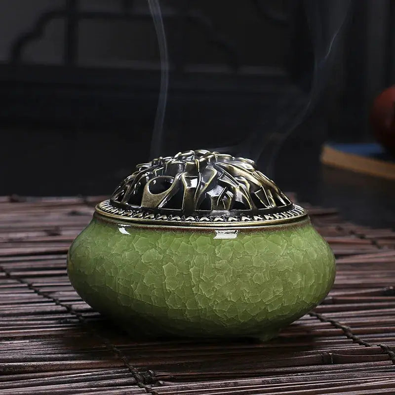 Ceramic Ice Crack Plate Incense Burner With Antique Copper Cover Aroma Diffuser Home Decor