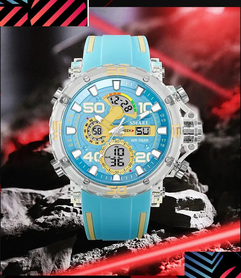 Military-style men's watch SMAEL with blue strap, 50M waterproof, LED digital display.