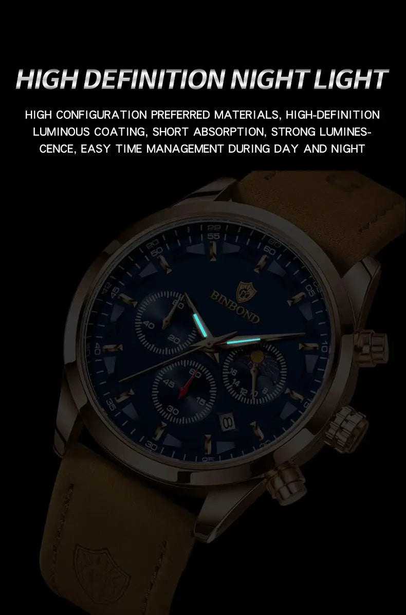 BINBOND men's luminous chronograph quartz watch with blue dial, gold-tone case and brown leather strap