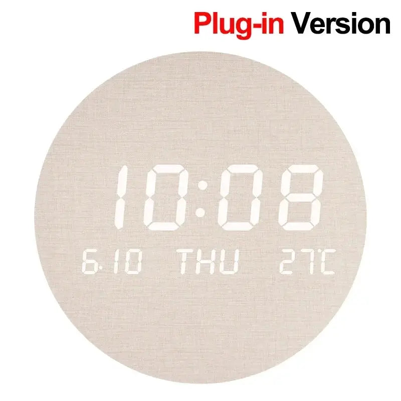 Simples Market LED digital wall clock, beige circular design displaying time, date and temperature
