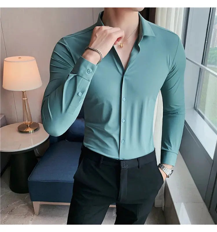 Simples Market teal high-elasticity long-sleeve dress shirt for plus-size men