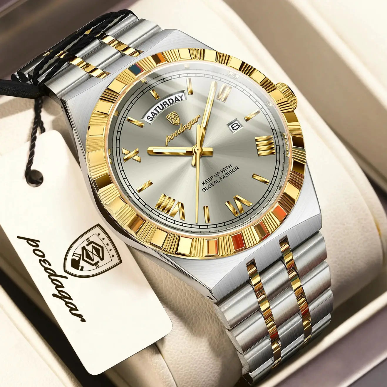 POEDAGAR men's two-tone stainless steel wristwatch with gold bezel, day-date display, and luminous hands.