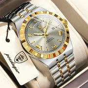 POEDAGAR men's two-tone stainless steel wristwatch with gold bezel, day-date display, and luminous hands.