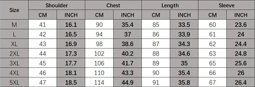 Simples Market men's long cotton coat size chart with shoulder, chest, length and sleeve measurements (M–5XL).