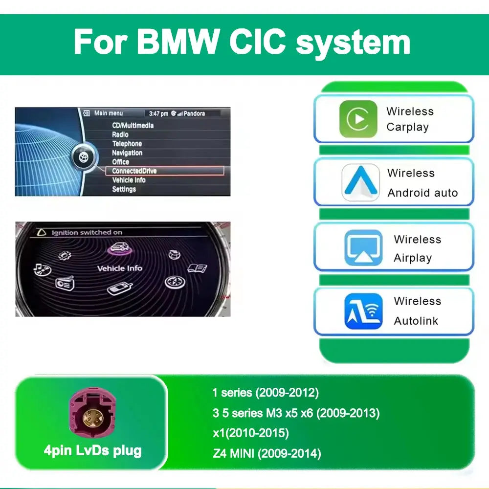 Wireless CarPlay Android Auto module for BMW CIC/NBT systems by Simples Market; fits 1/2/3/4/5/7 Series, X1–X5.