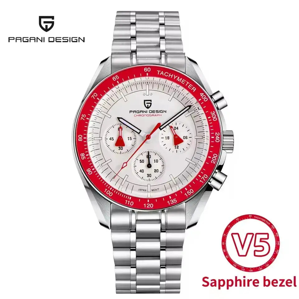 Pagani Design 500 Speedometer Chronograph watch with stainless steel bracelet and red tachymeter bezel.