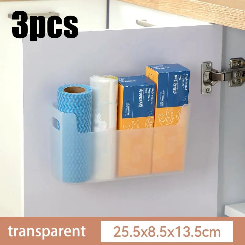 Non perforated cling film rack inside cabinet door; transparent 3pc kitchen organizer