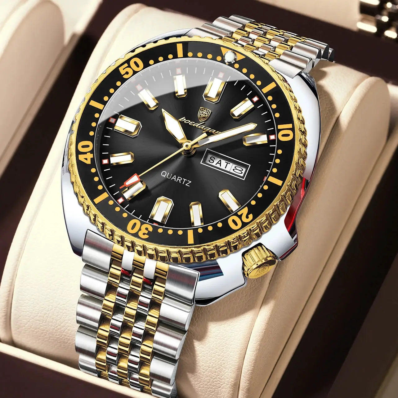 POEDAGAR luxury men's wristwatch by Simples Market; black dial, gold bezel, two-tone stainless steel band, date window