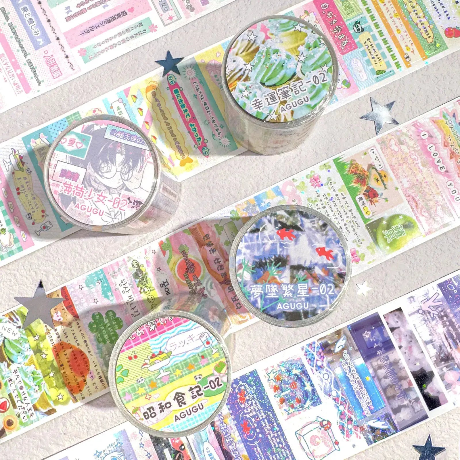 Decorative adhesive washi tapes set with colorful Japanese designs for junk journaling and scrapbooking