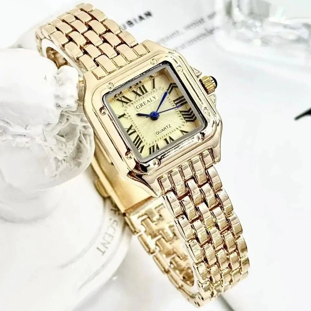 Gold-tone rhinestone women's square quartz wristwatch with metal link bracelet