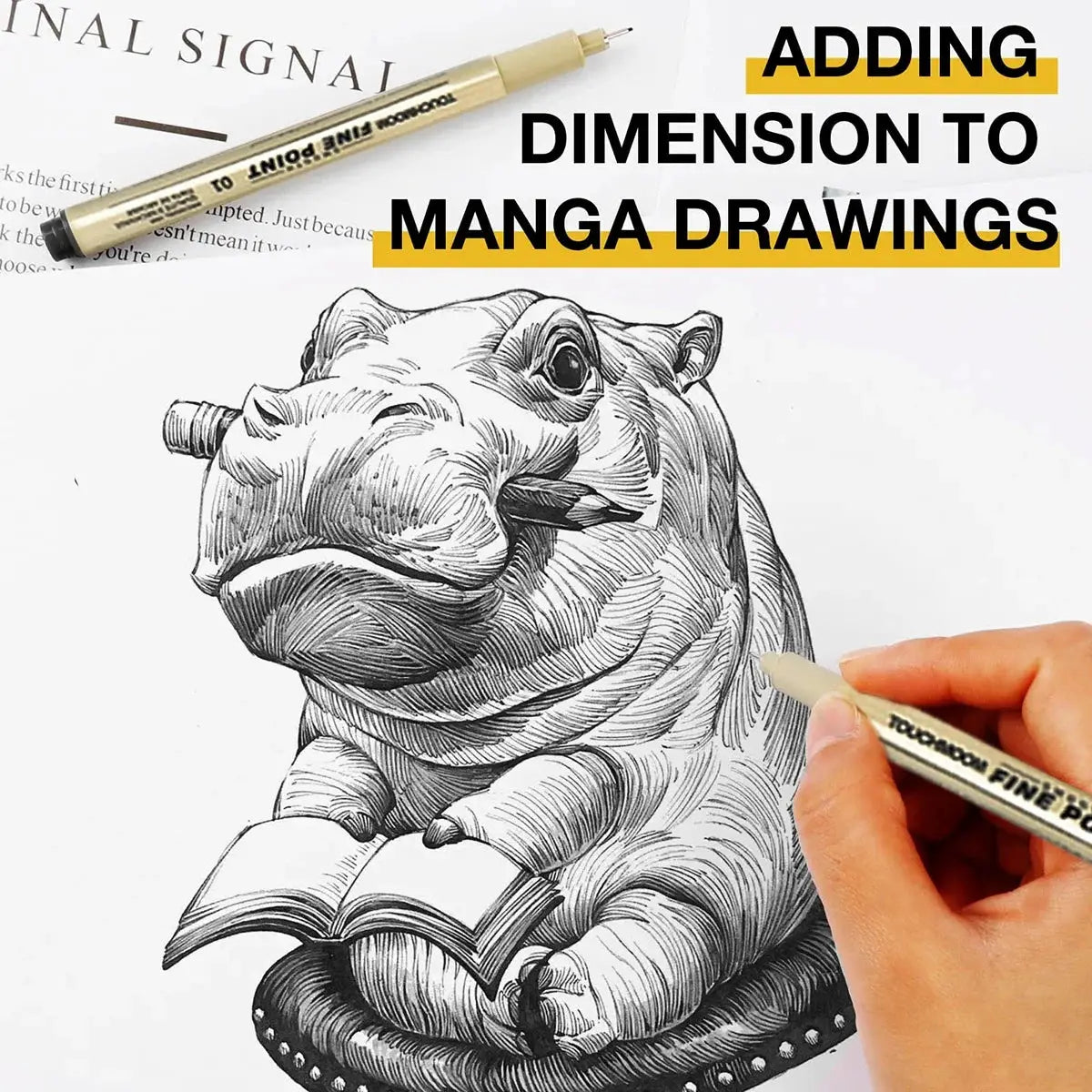 Simples Market fineliner sketch pen in hand drawing a detailed hippo illustration.