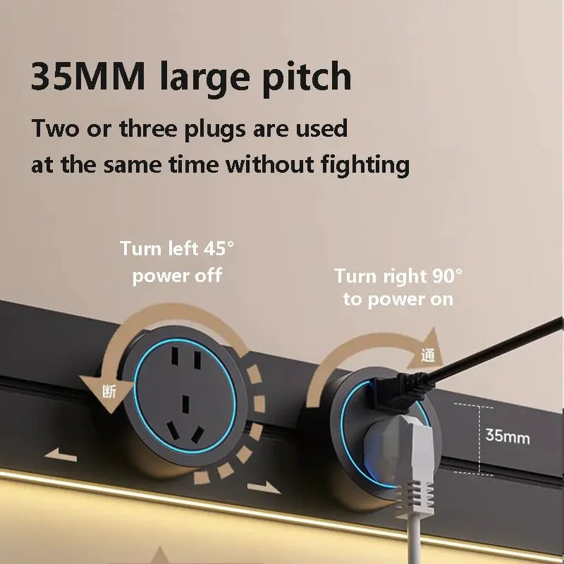Track socket wall outlet with surface-mounted rail light, black finish and blue LED rings; two round sockets.