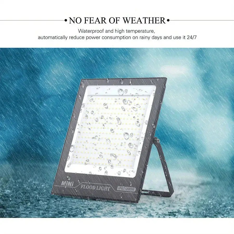 Waterproof IP67 LED flood light with black metal housing and fold-out stand for outdoor use.