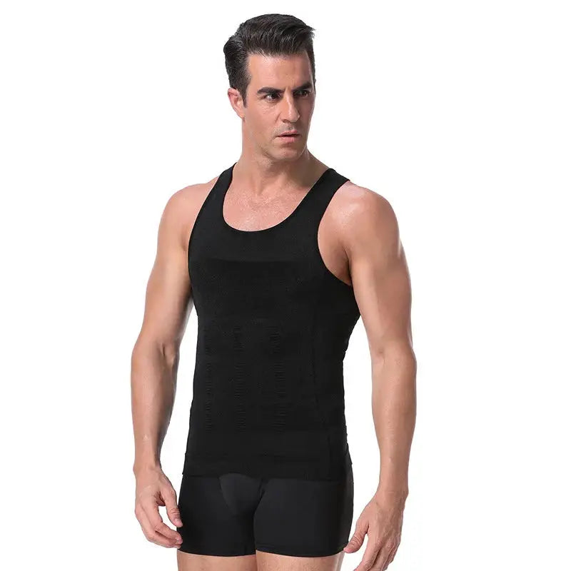 Men's black compression shapewear vest for abdomen control, sleeveless
