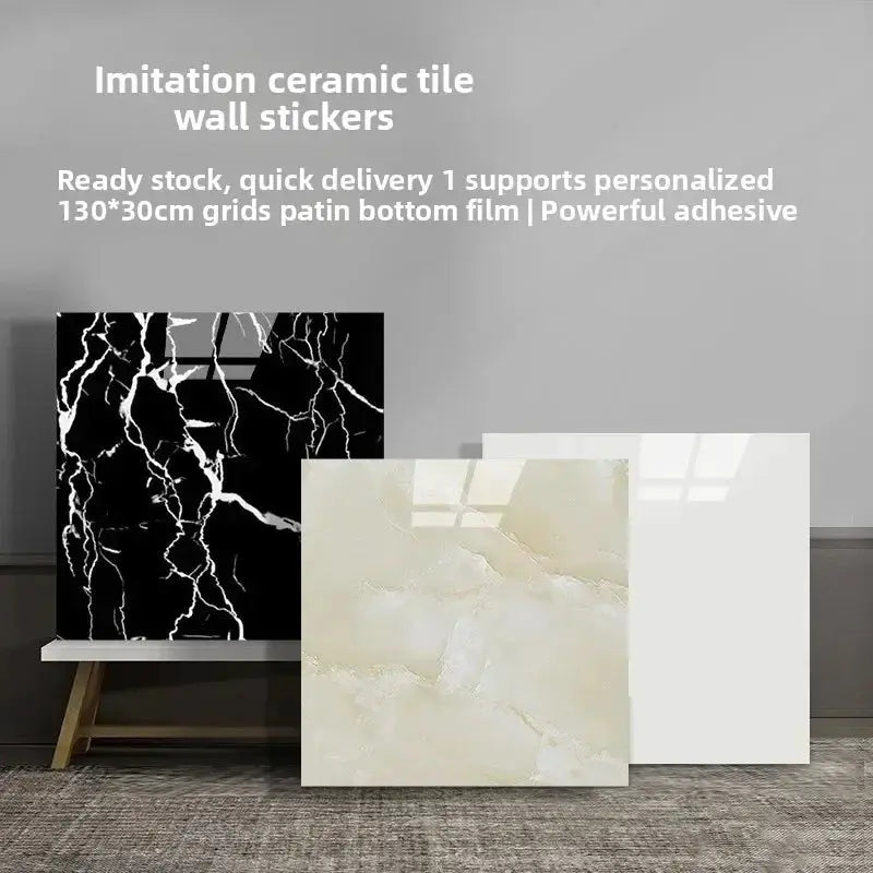 Imitation marble ceramic tile wall stickers set of three; black marble, beige marble, white finishes.