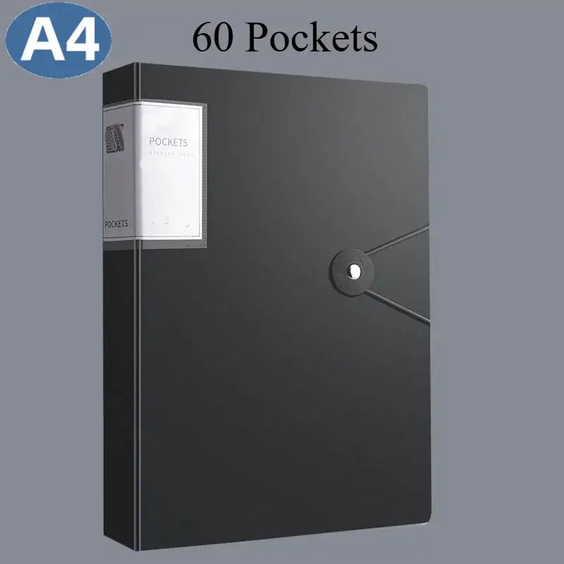 A4 60-pocket portfolio binder by Simples Market in black, for designers and students.