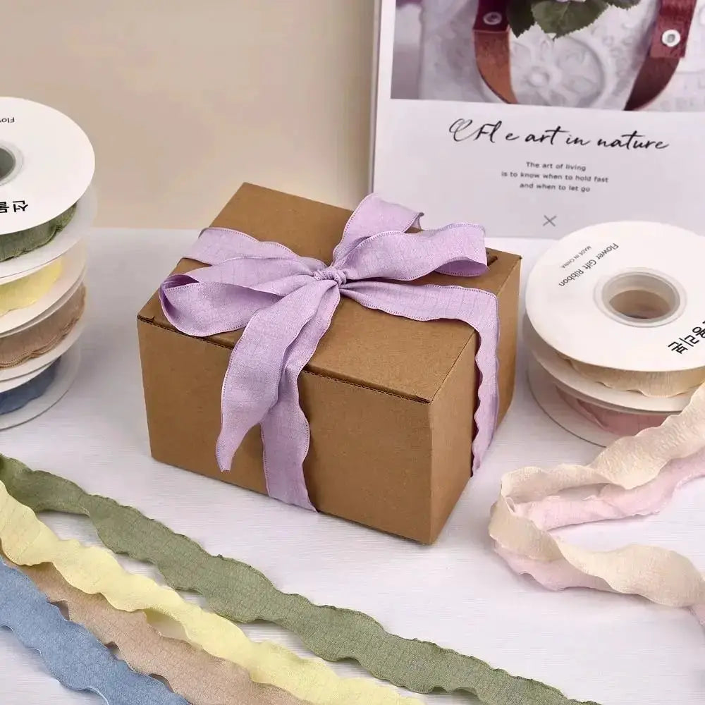 10 Yards Fishtail Chiffon Ribbon With Wave Edge Pleated Embossed Floral Pattern for Gift Wrapping Bouquets DIY Decor