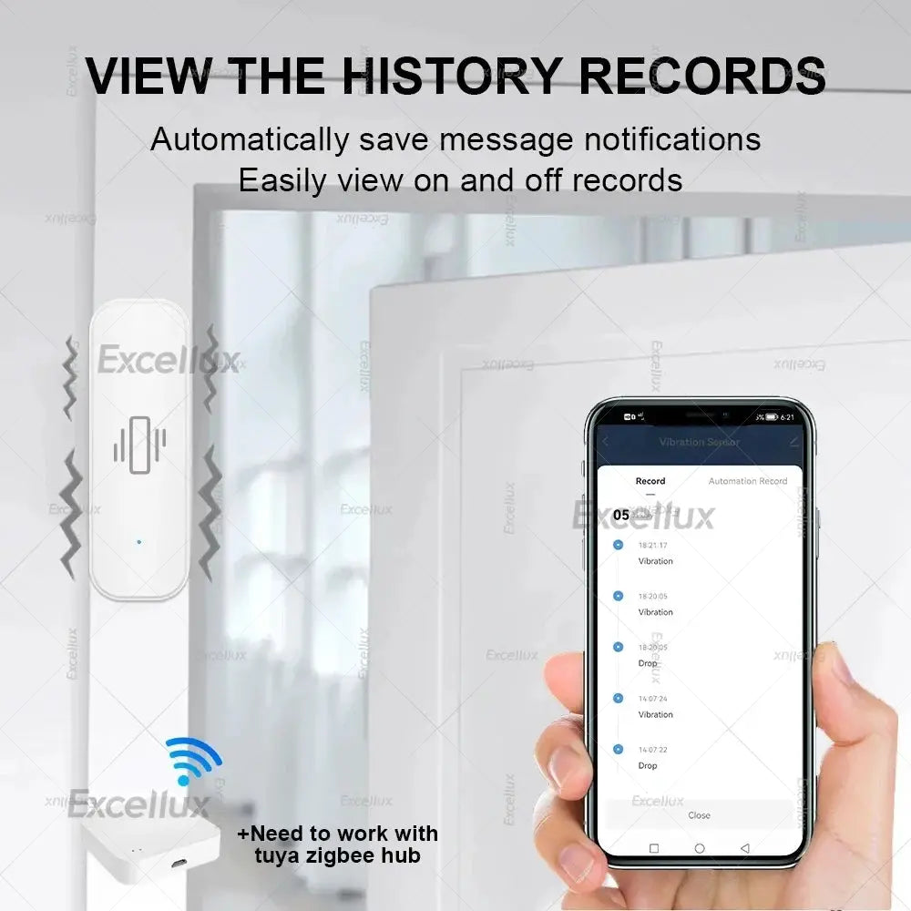 ZigBee Smart Vibration Sensor Tilt Detector by Simples Market; white, app-controlled security sensor with hub.