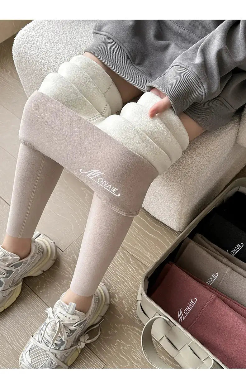 Winter fleece-lined beige leggings for women, high-waist, thickened and stretchy by Simples Market