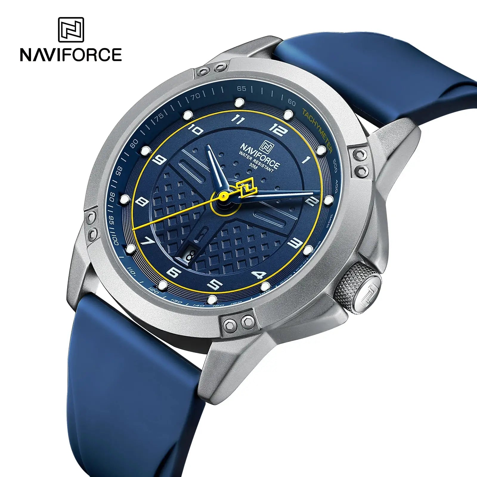 NAVIFORCE men's casual quartz watch with blue dial and silicone strap; water resistant 30M, luminous hands.