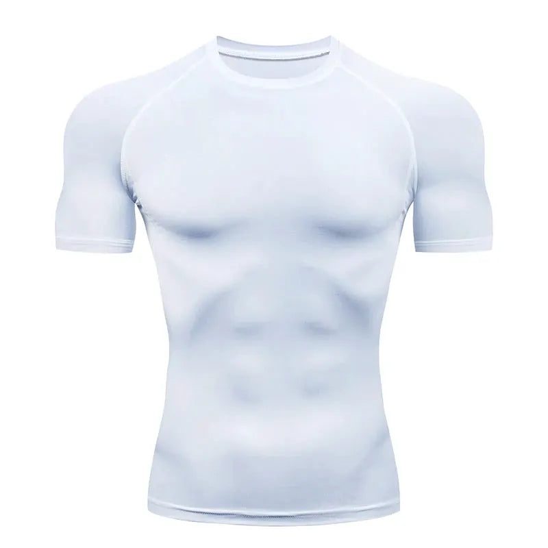 Men's white compression running T-shirt by Simples Market, short-sleeve athletic top.