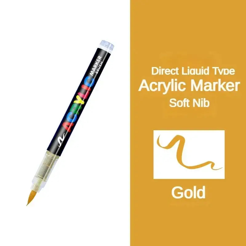 Acrylic marker pen with black body, colorful lettering and soft nib