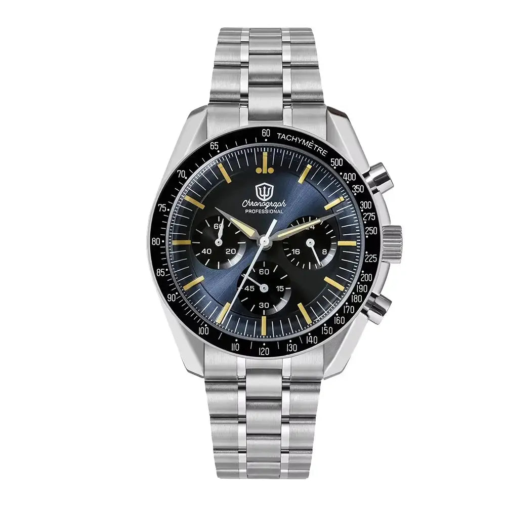 Watch: stainless steel men's chronograph with black dial, gold-tone markers, three subdials and metal bracelet