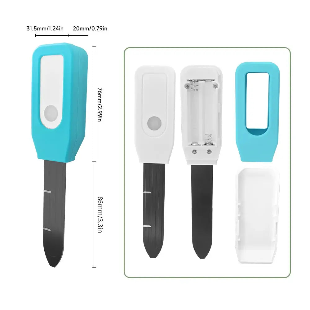Simples Market Tuya Bluetooth soil tester with temperature and humidity sensor; turquoise handheld probe.