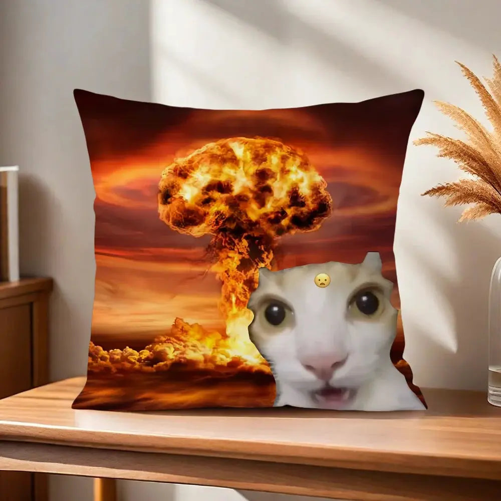 Cushion cover with white cat face and fiery mushroom-cloud explosion background in orange tones, Simples Market