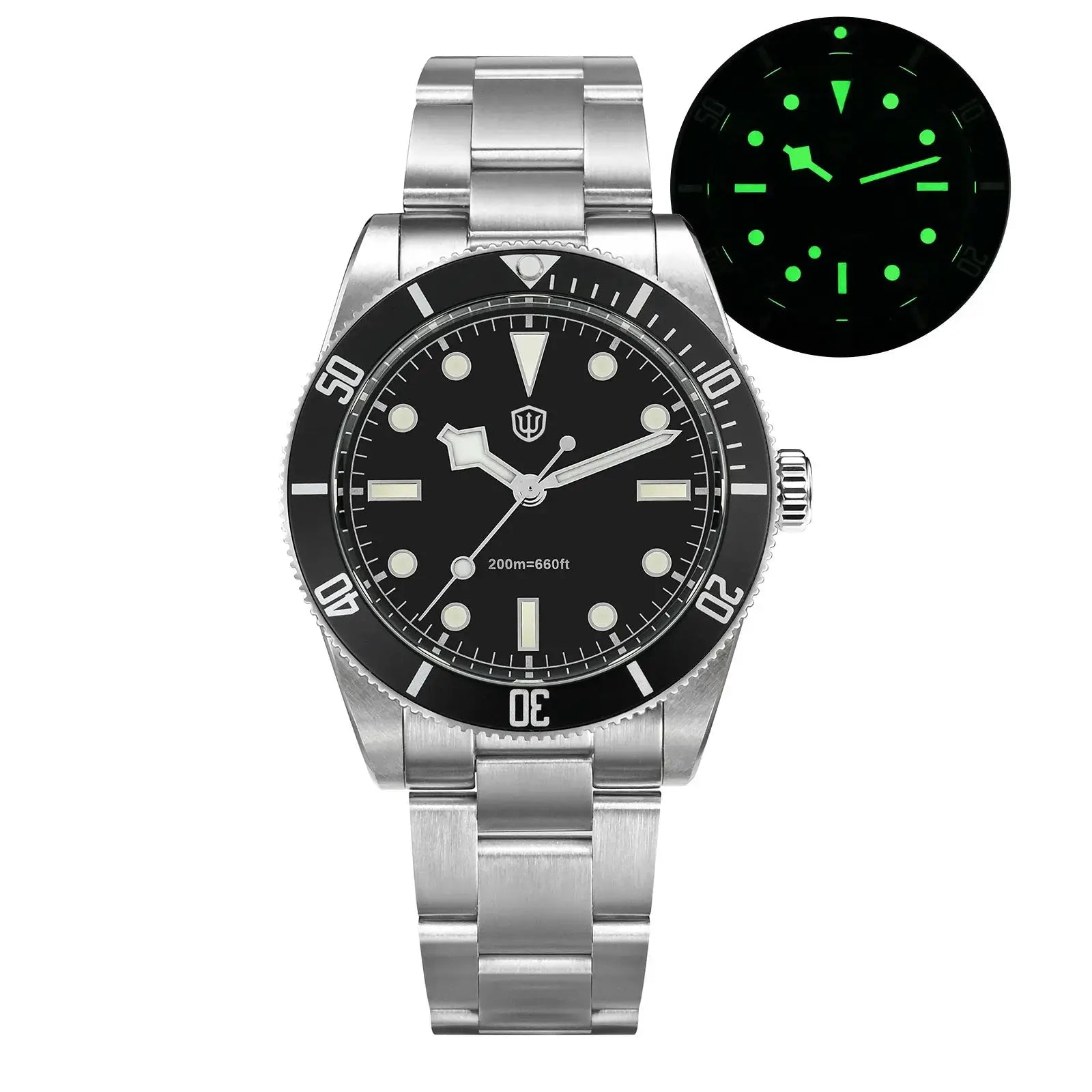 Watchdives WD7922 BB54 watch; stainless steel bracelet, black dial with luminous markers, 37mm, 200m water resistance