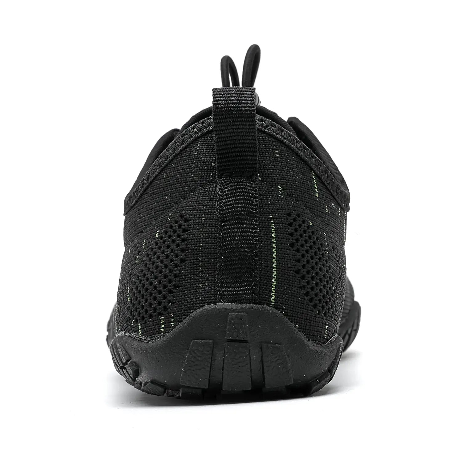 Black mesh trail running shoe rear view with pull tab, breathable knit upper, and rugged tread sole