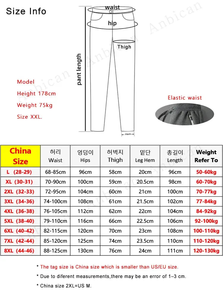 Men's winter thick warm fleece sweatpants by Simples Market, elastic waist joggers, plus sizes 6XL–8XL with size chart