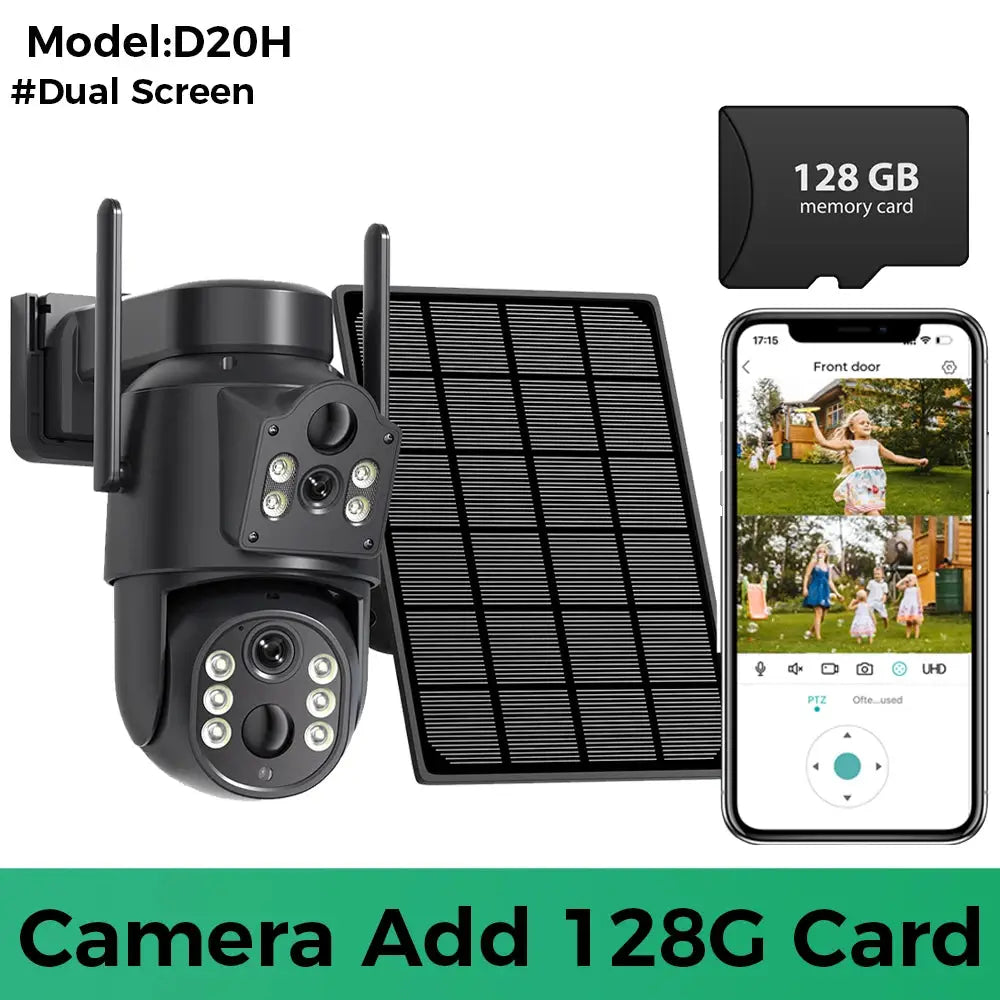 8MP 4K solar WiFi security camera with built-in battery and dual lens, includes solar panel and 128GB card