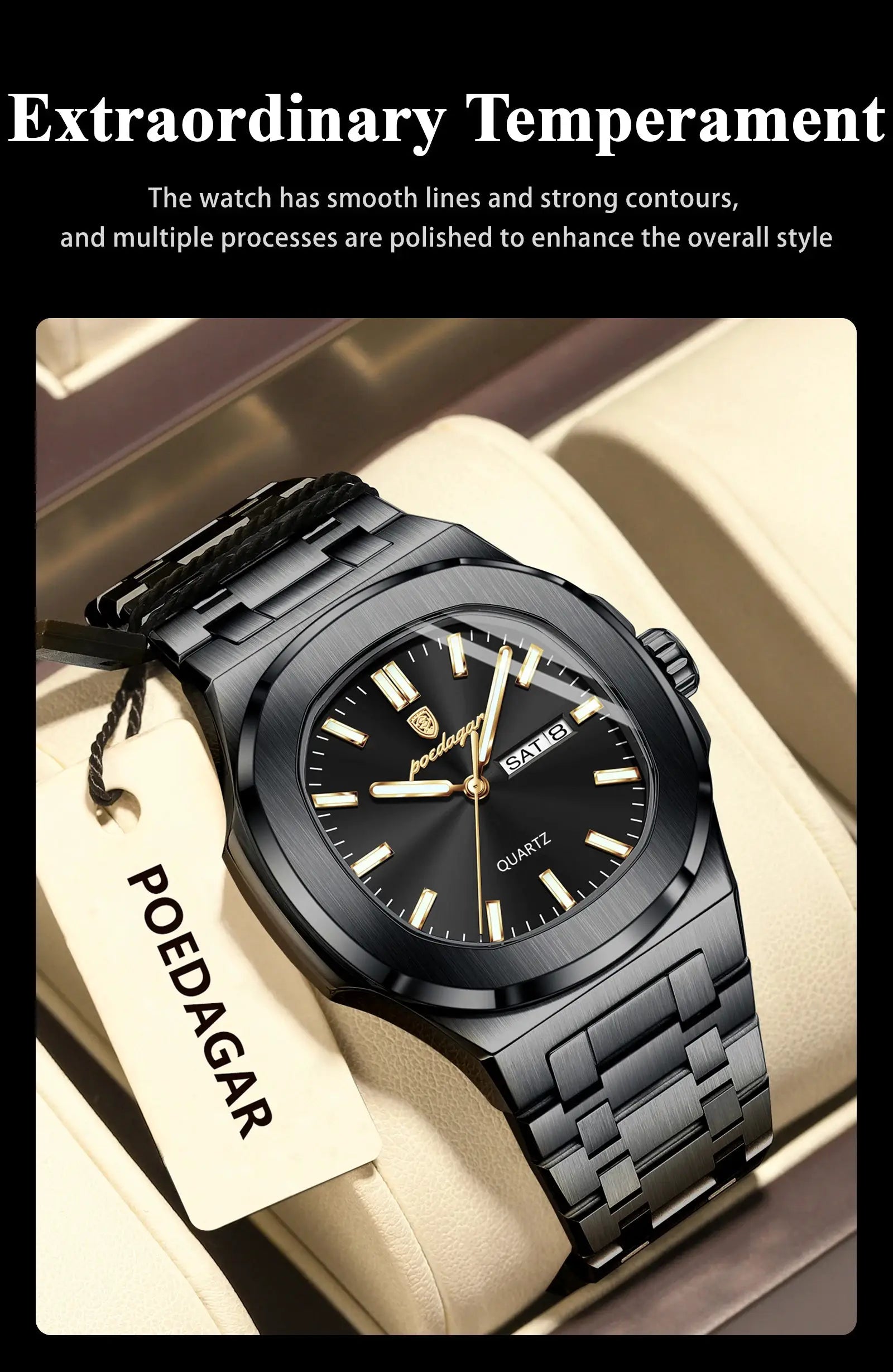 POEDAGAR square men's watch, black stainless steel band, gold-tone hands, day-date display, waterproof