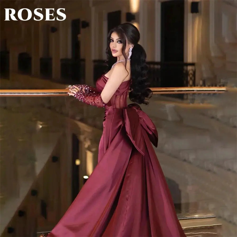 Roses Burgundy Mermaid Prom Dress One Shoulder Beading Bow Sleeve