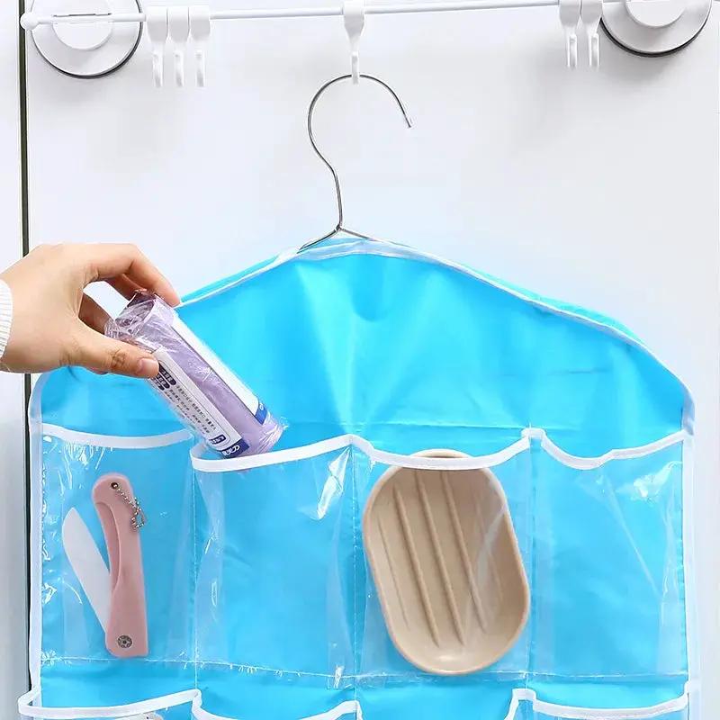 Simples Market 16-pocket blue clear hanging wardrobe organizer with white trim and hook