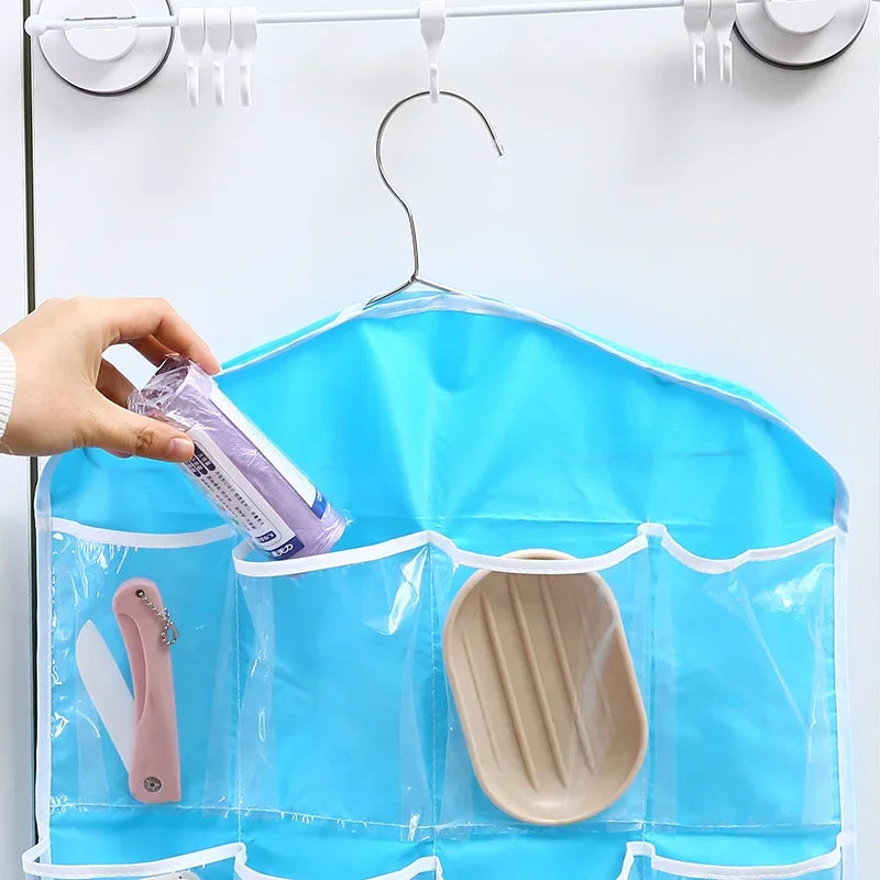 16-pocket clear hanging wardrobe organizer with blue trim by Simples Market