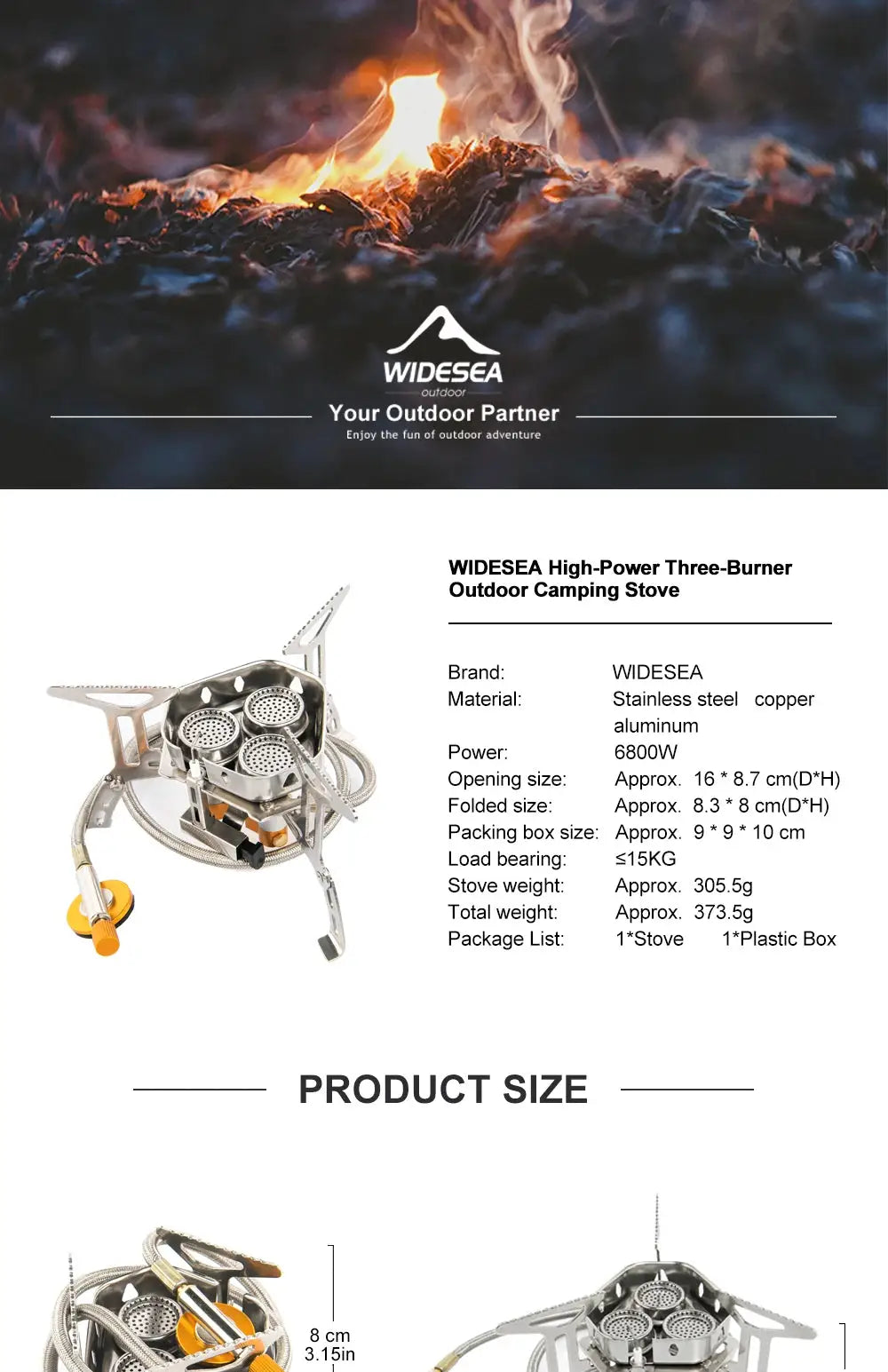 Widesea three-burner outdoor camping stove, stainless steel