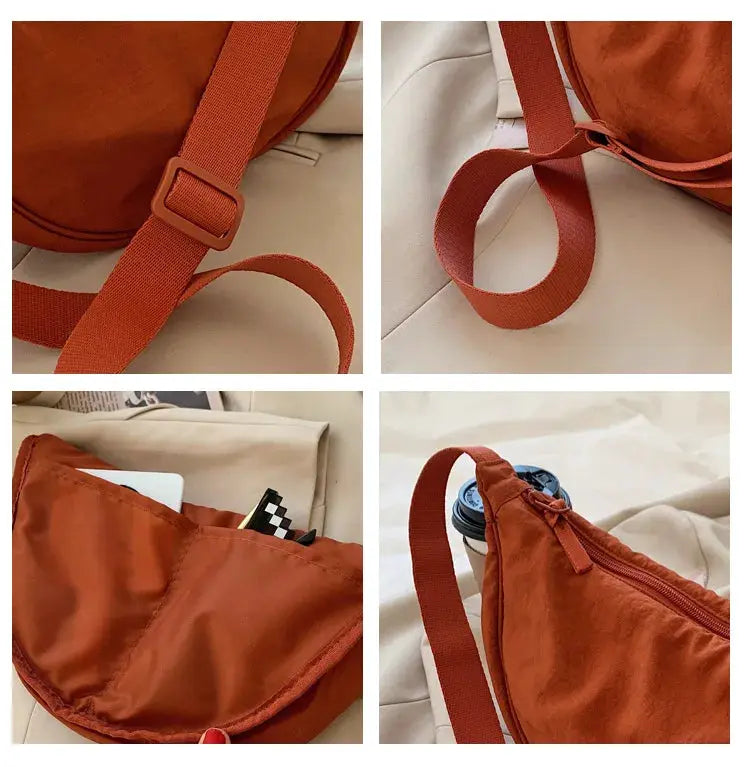 Simples Market nylon hobo crossbody bag in rust orange with adjustable strap and zipper closure, large-capacity tote
