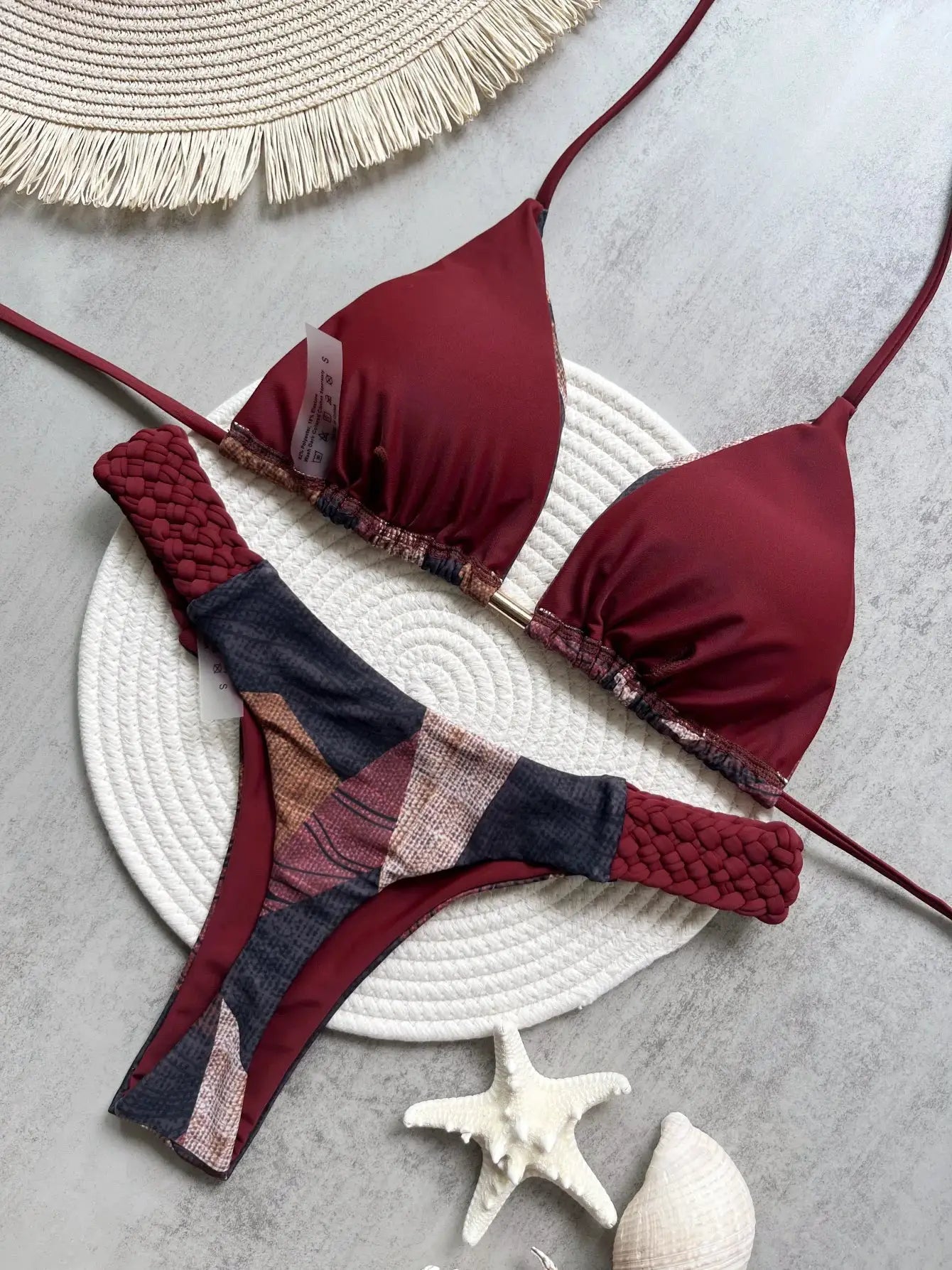 RUOTONSEPT burgundy halter bikini set with high-cut thong bottom and plaid panel, two-piece swimsuit by Simples Market