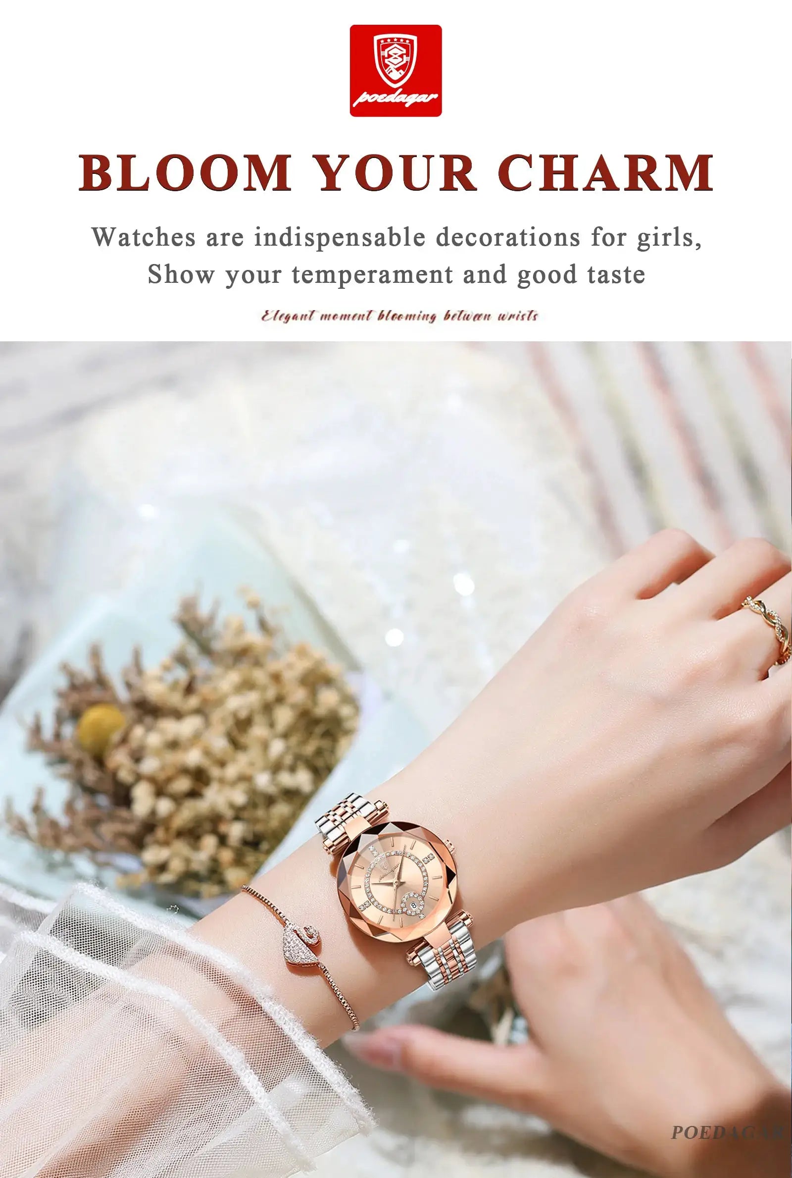 POEDAGAR women's rose-gold wristwatch with crystal-studded bezel and metal bracelet