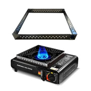 Gas stove with detachable black metal windproof frame; portable outdoor cooking windscreen rack