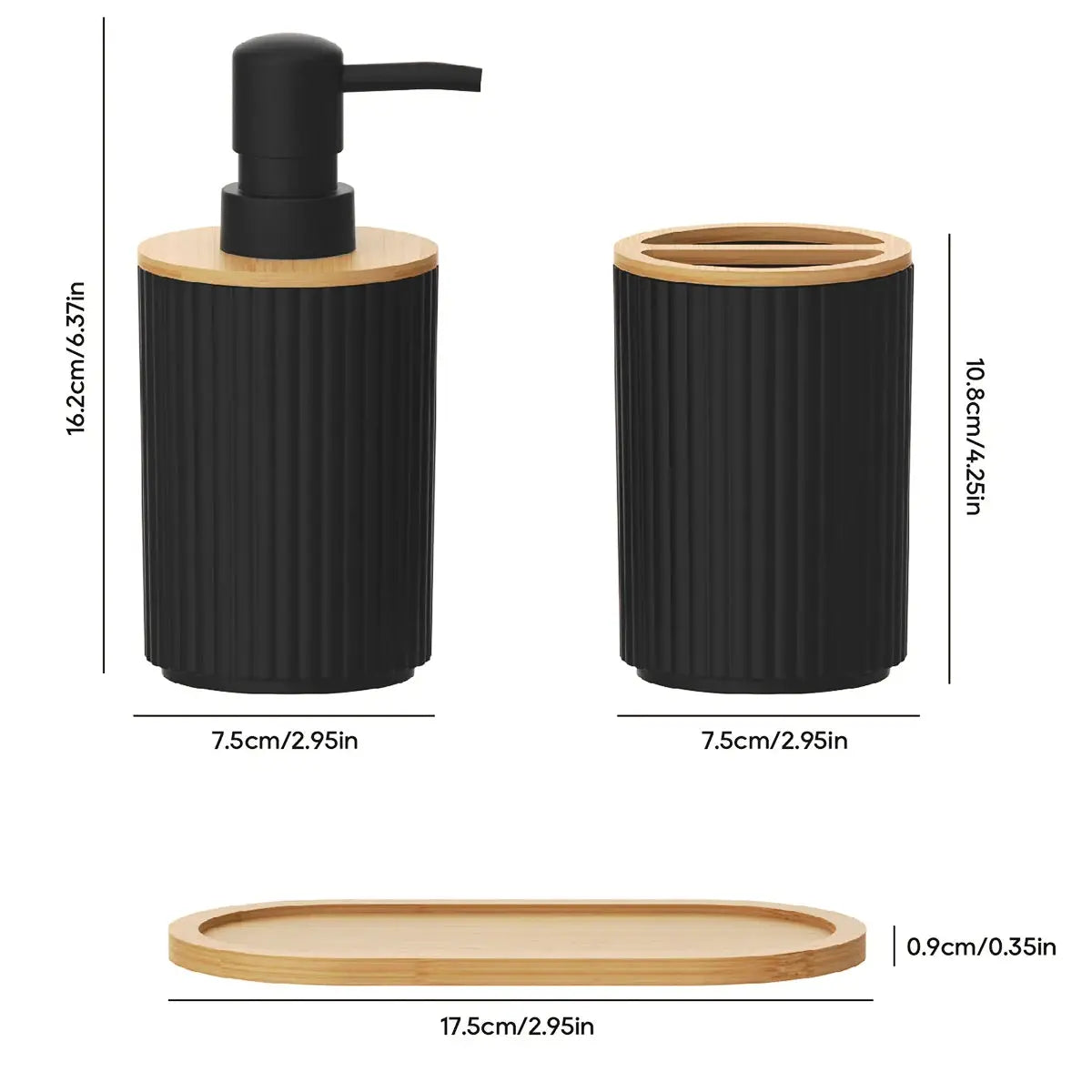 2-piece black bathroom accessories set by Simples Market, including hand soap dispenser and toothbrush cup